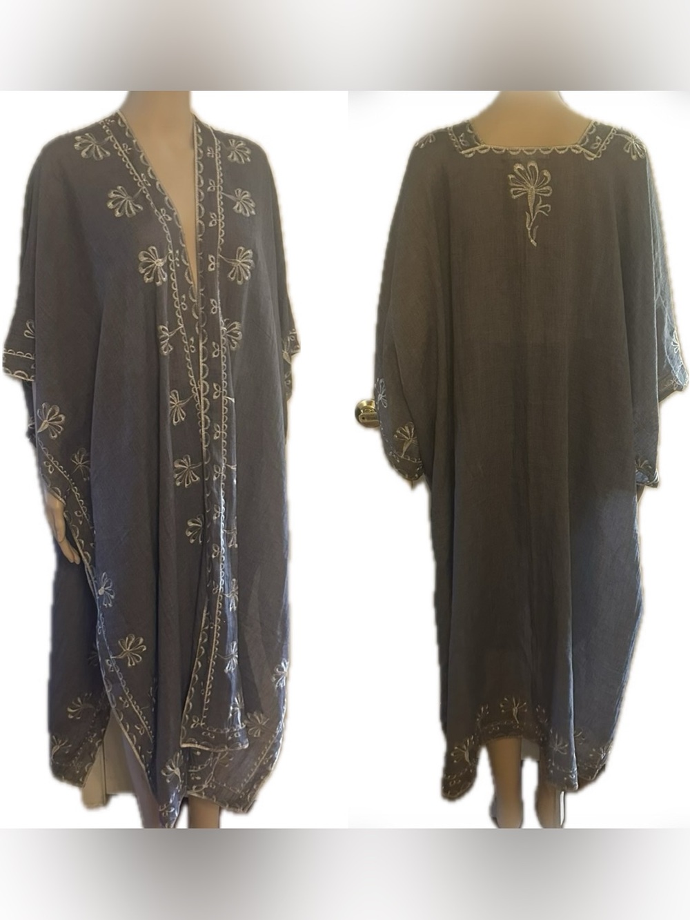 NATURAL LIFE Gray Embroidered Open-Front Poncho